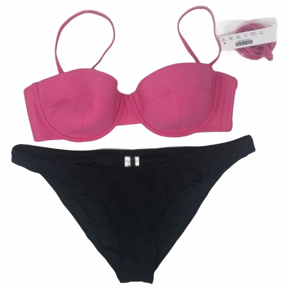 J. Crew Underwire Ruched Lowrider Bikini Intense Pink & Black Size 36C/L NWT